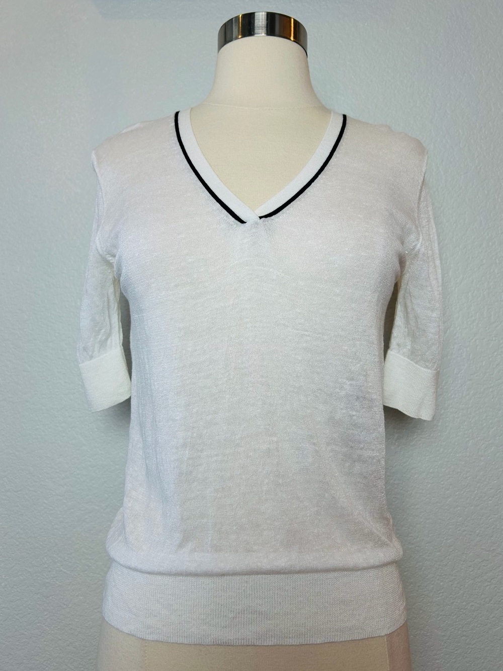 Theory Linen Blend Sweater Women's SP White V-Neck Sheer Short Sleeve Black Trim